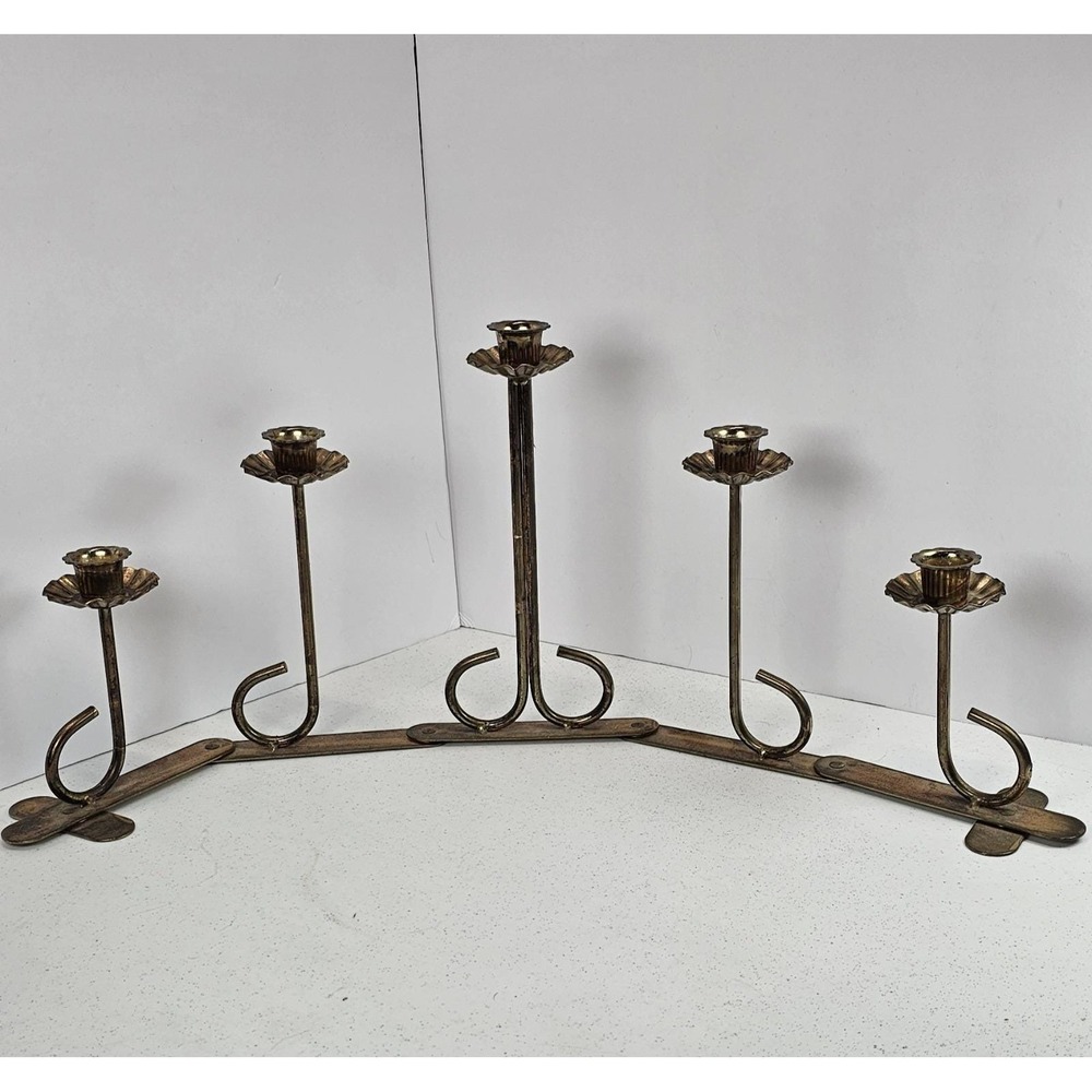 Vintage Brass Tone 5 Arm Jointed Candle Holder Candelabra Mid Century Gothic